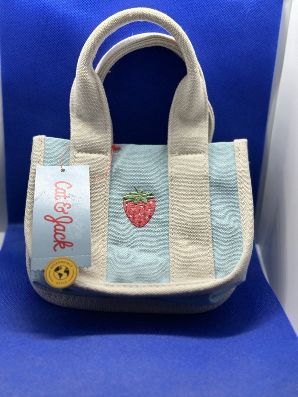 Cat & Jack | Toddler Kids Strawberry Canvas Tote - Light Blue & Beige NWT 🏷️